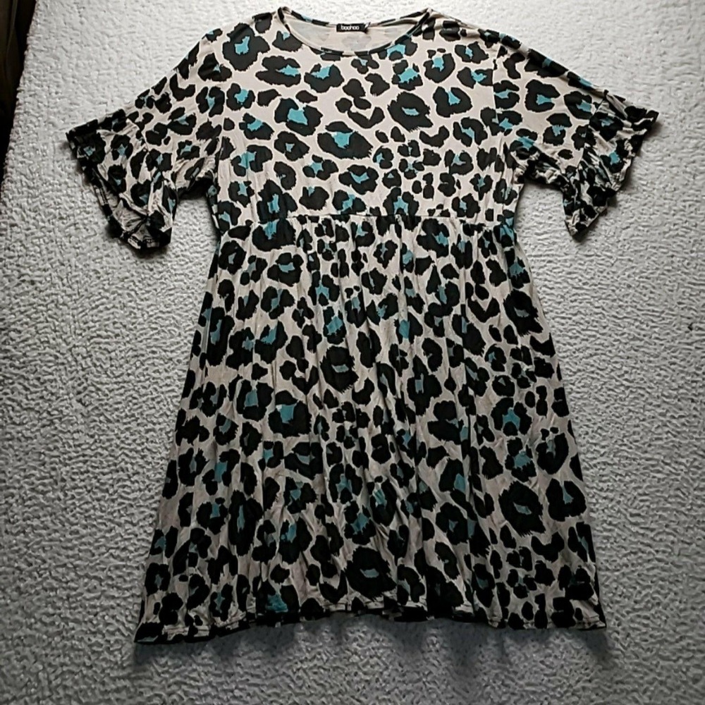 Boohoo Dress Womens 16 Leopard Print Flutter Sleeve Crew Neck Fit & Flare Short